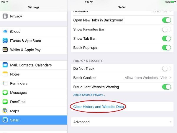 rensa cache safari ipad