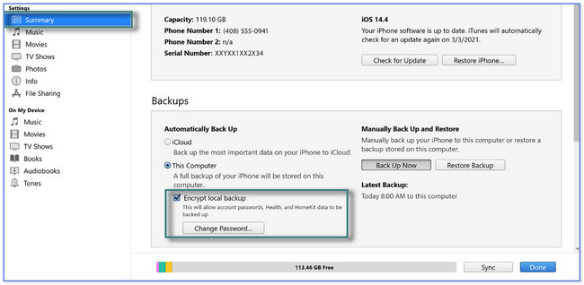 click the Encrypt Local Backup button