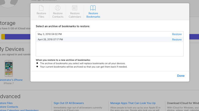 restore bookmark on icloud site