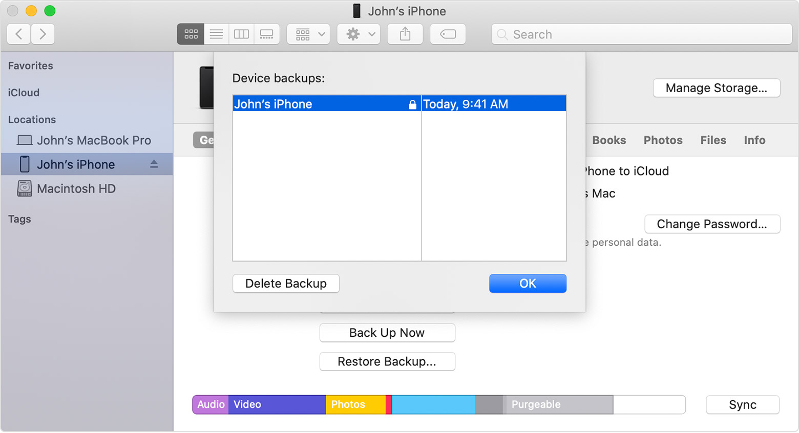 mac finder iphone encrypted device backups