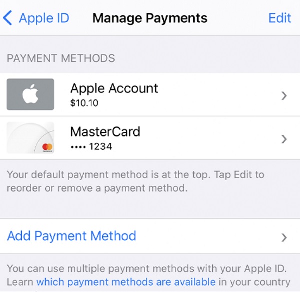 add payment method on iPhone