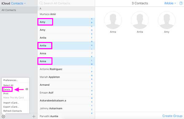 delete contacts through icloud