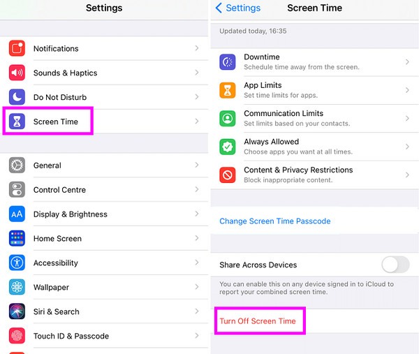 disable screen time on settings