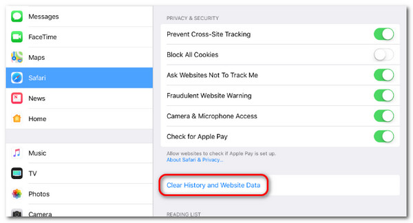 clear history and website data on ipad safari