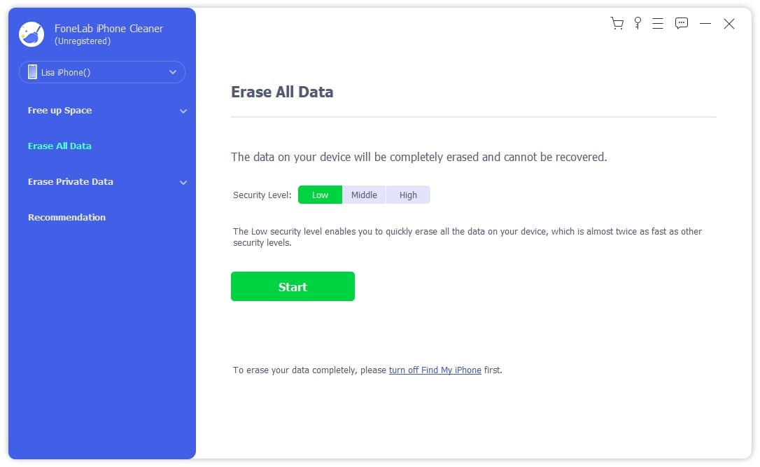 erase all data interface