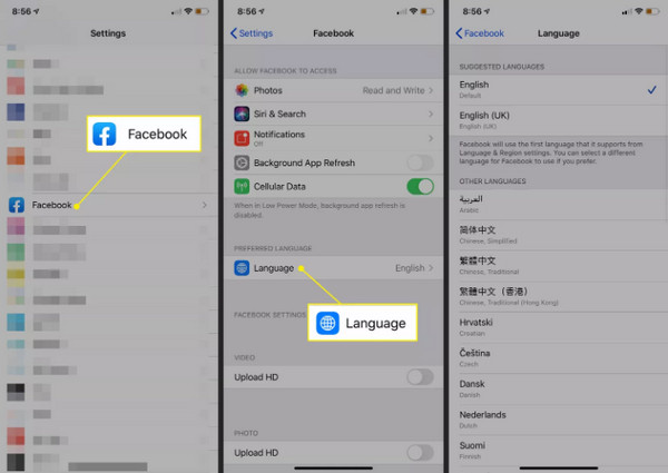 change facebook language on iphone