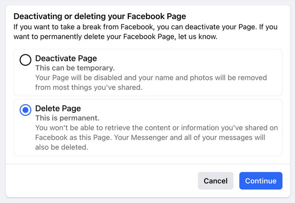 delete facebook page on mobile app