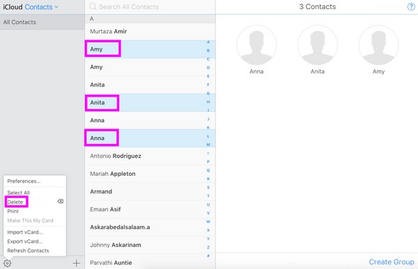 delete dulplicate contacts in icloud website