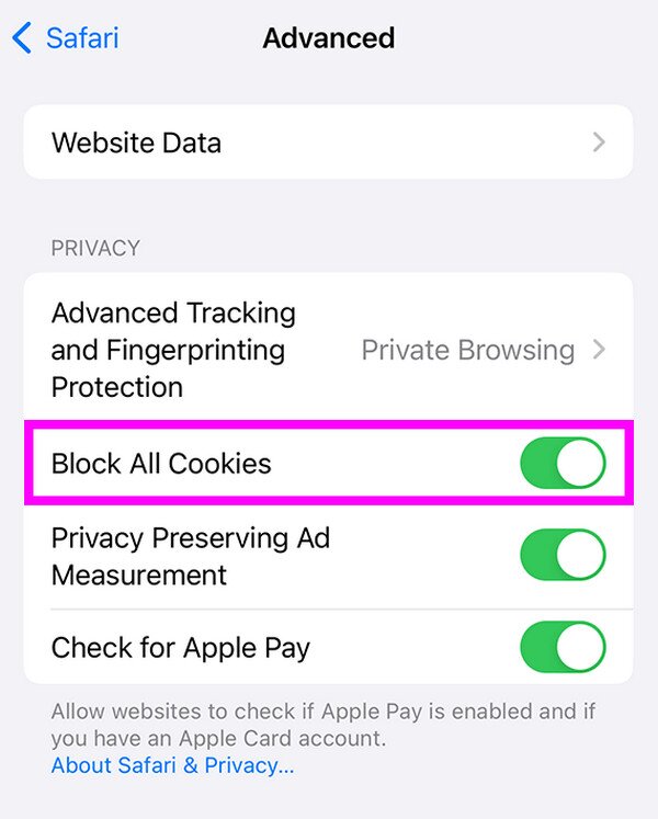 activate block all cookies feature