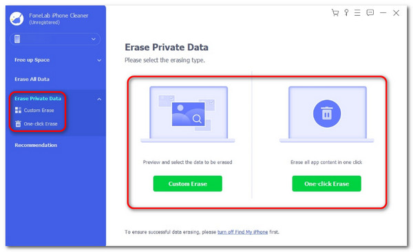 use custom erase or on lick erase