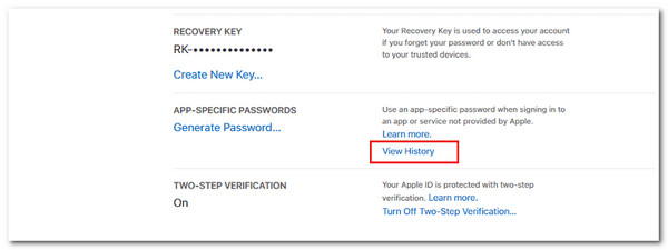 view app specific password history