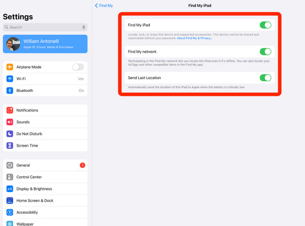 turn on find my ipad