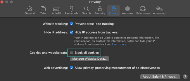 tick block all cookies button