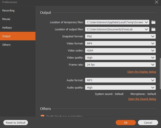 adjust output recording settings