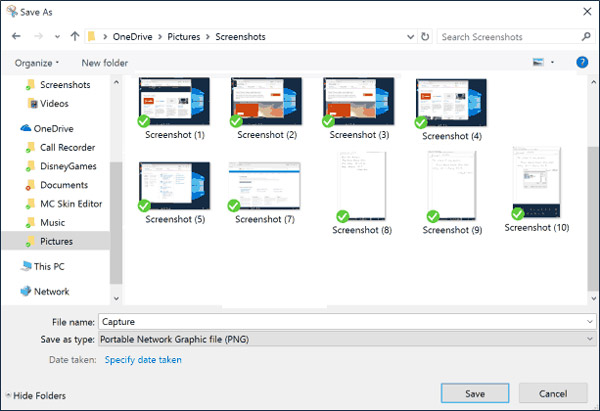 choose screenshots onedrive