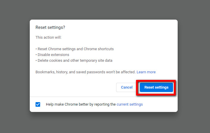 resert chrome settings