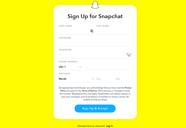 snapchat sign up