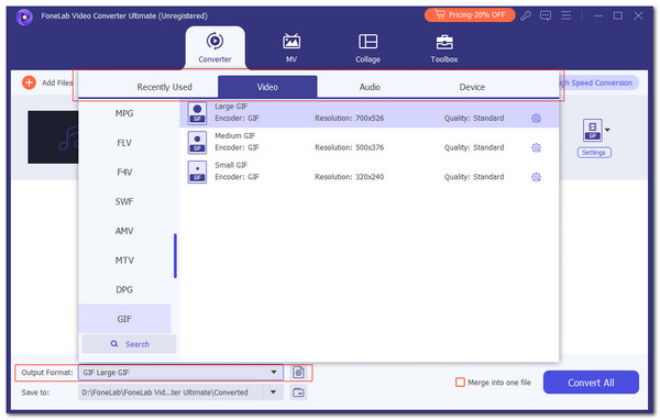 click output format section