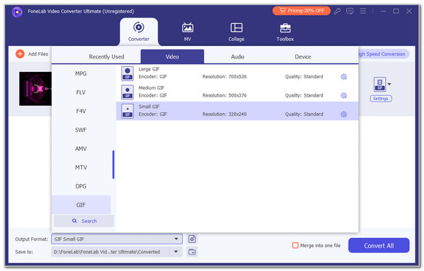 click output format section