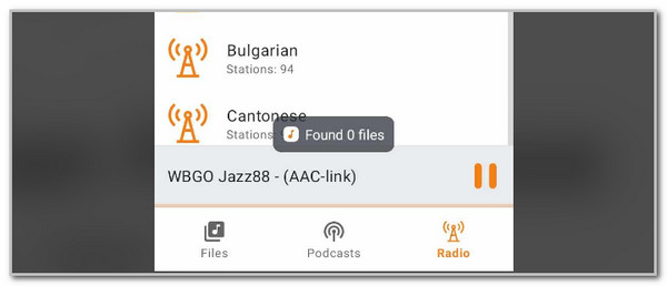 tap files podcasts or radio button